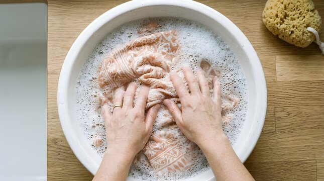 Close up of hands washing delicate peach textile garment in soapy water basin