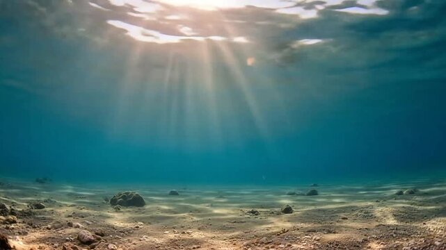 Sunlight rays penetrate the clear blue water over a sandy ocean floor