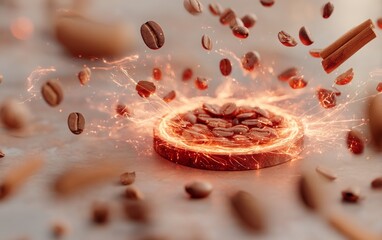 Fototapeta premium Dynamic close-up of roasted coffee bean explosion with cinnamon and sparks