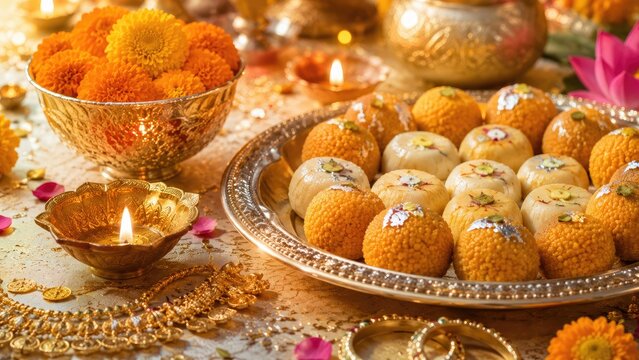 Festive Indian Diwali arrangement with ladoo and peda sweets on ornate brass trays, marigold flowers, lit diyas and decorative brassware