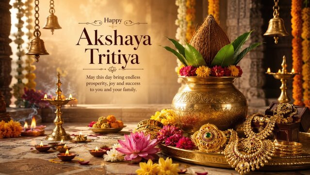 Aromatic festive puja scene with kalash, coconut, gold jewelry, lamps and marigold flowers celebrating Akshaya Tritiya in warm temple light