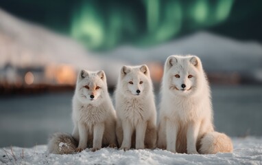 Fototapeta premium Three Arctic foxes sitting on snow with northern lights blurred background
