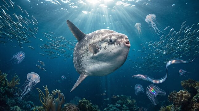 Sunfish swimming in vibrant underwater ocean scene with jellyfish