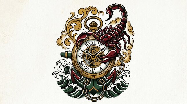 Detailed vintage tattoo style illustration featuring a red scorpion on a classic pocket watch with an anchor and ocean waves design.