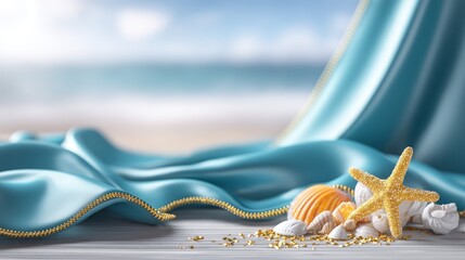 Fototapeta premium Starfish seashells on wooden surface with blue fabric and ocean view