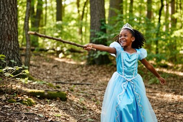 Obraz premium Happy African American girl in blue princess dress wears small tiara, plays in woods. Little child holds wooden stick like magic wand fun outdoors. Active kid laughs running through forest park for