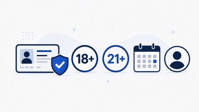 Age verification and identity icons showing an ID card with shield check, 18+ and 21+ badges, calendar and user avatar