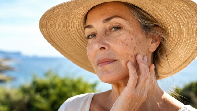 Mature woman in a straw sun hat touching her cheek outdoors by the sea, showing natural skin texture, sunspots and a confident, serene expression