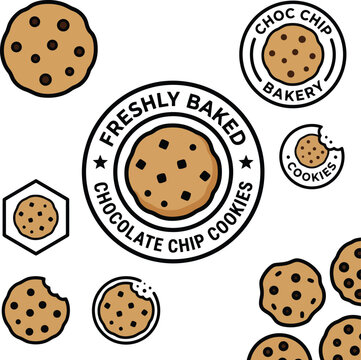 Freshly Baked Chocolate Chip Cookies Seamless Pattern with Bakery Badge Illustration