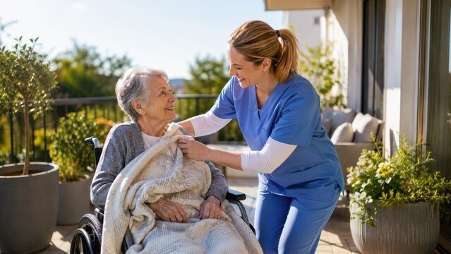 Elderly woman in a wheelchair on a sunny patio being wrapped in a blanket by a smiling caregiver in blue scrubs
