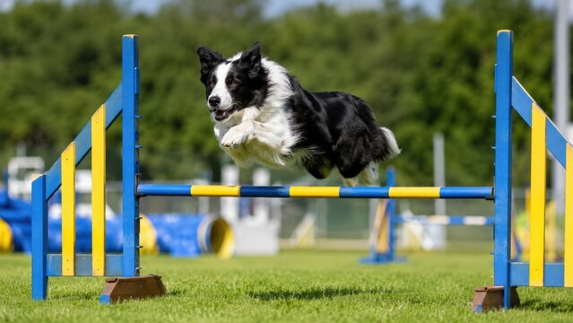 Black and white Border Collie mid-jump over blue and yellow agility hurdle on a grassy field during a dog agility competition