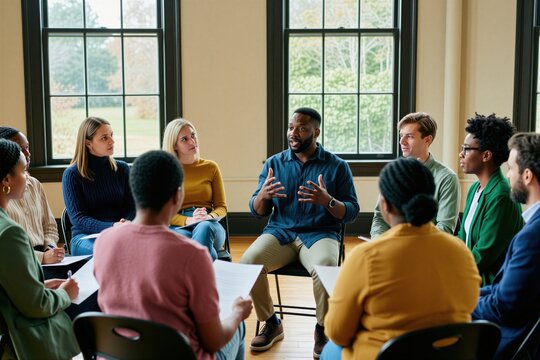 Diverse group of people sit in circle, listening to man speak. Adults share stories, seek guidance in discussion. Team members connect, learn, grow together in meeting.