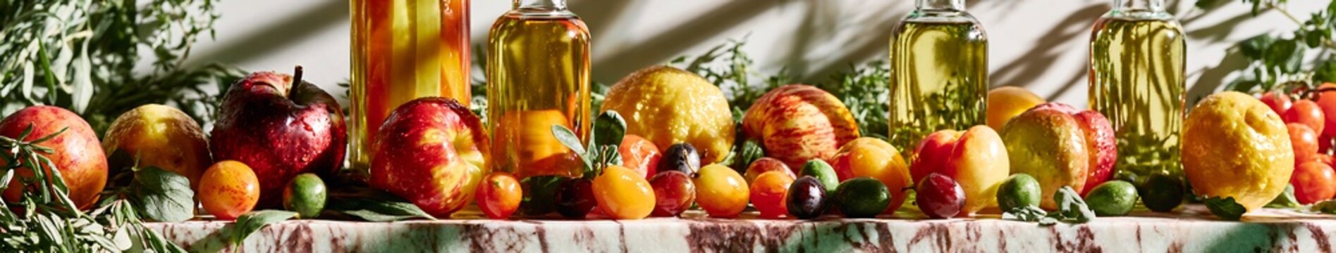 Assorted late summer fruit, fresh herbs and glass bottles of golden oil on a marble countertop in natural sunlight
