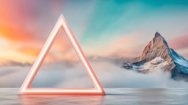Glowing neon triangle shape standing on reflective surface with mountain