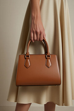 Woman holds classic brown leather handbag. Fashionable accessory complements elegant dress. Simple studio shot emphasizes bag details and texture. This item is perfect for everyday carry.