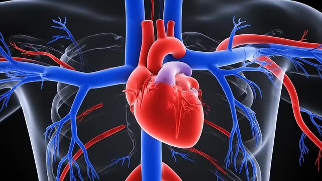 The human heart pumps blood through arteries and veins in the chest.