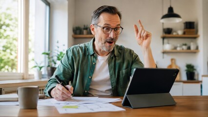 Fototapeta premium Middle-aged man excited during a video call at a home office, raising a finger while taking notes beside a tablet and scattered papers