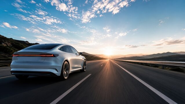Sleek white electric sedan driving on highway toward sunset