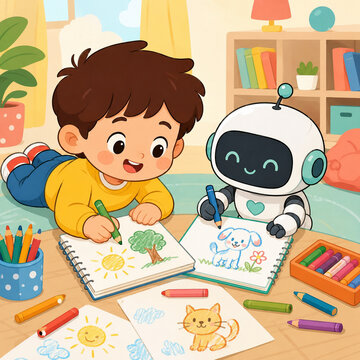 こどもとロボットのおえかき時間を描いたポップイラスト