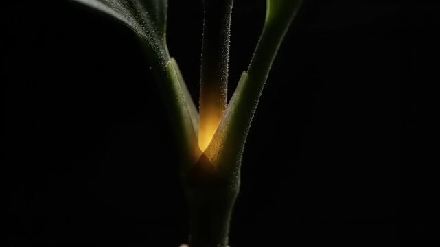 A close-up view of a plant stem with glowing light on a dark background