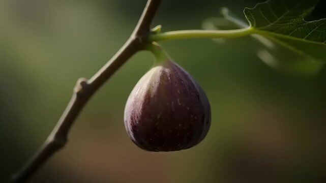 A ripe fig hangs from a tree branch in a natural outdoor setting with green leaves.