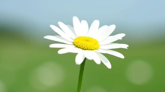 A single white daisy flower stands alone in a green field with blue sky