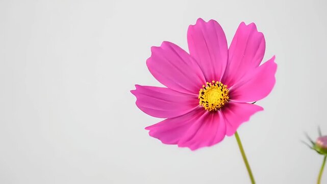 A vibrant pink flower blooms in the garden with yellow center