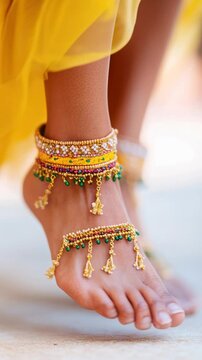 Graceful dance movement showcasing traditional anklet adornments in vibrant colors