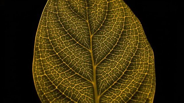 Close-up of a golden leaf with intricate vein patterns on a black background