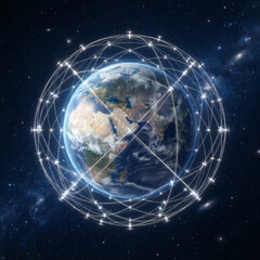 Fototapeta premium A clean 3D planet Earth sphere surrounded by a dense, glowing white grid of interconnected satellite nodes. Thin laser lines wrapping around the globe, space-based internet and decentralized server 