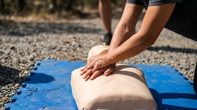 Hands performing chest compressions on a CPR training mannequin during an outdoor first aid course, emphasizing life-saving skills and emergency preparedness