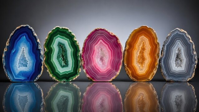 Five polished colorful agate slices with gold edges standing on a reflective surface, backlit to reveal banded concentric geode patterns