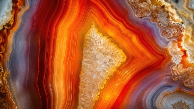 Close-up of a polished agate slice with vivid orange and red banding and a crystalline druzy center