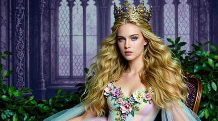 Obraz premium Beautiful young woman wearing golden crown, floral gown poses in dark gothic room. Blonde model with long hair looks at camera like fantasy princess queen. Majestic royal lady sits in vintage
