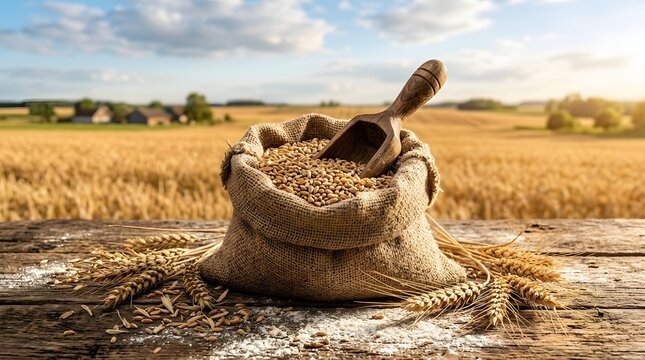 Burlap sack of wheat grains and wooden scoop on rustic table with golden field background