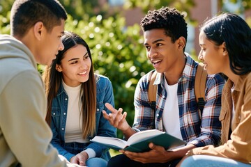 Fototapeta premium Diverse group of young students sitting outside on university campus green lawn. Teens discuss academic project book together with smiles. Multiracial friends share ideas for school research during
