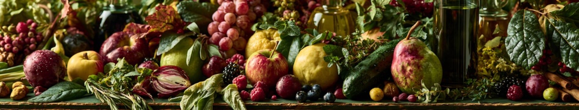 Late summer still life of fresh fruit, berries, herbs and glass bottles on a rustic wooden table