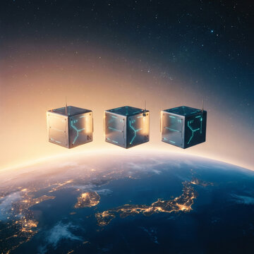 Minimalist architectural view of three sleek, identical metallic cubes drifting neatly in a row against a soft twilight horizon of planet Earth. Glowing cyan telemetry lines blinking on the cubes