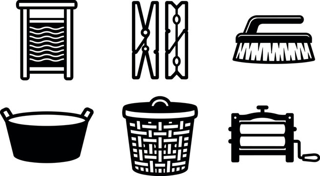 Black and white washboard clothespins scrub brush basket and press vector icons