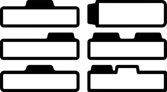 Black and white folder tab icons set with different shapes vector art