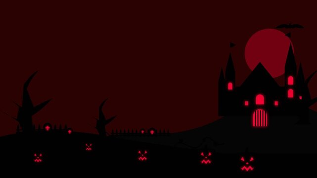 Halloween haunted castle silhouette with red moon and glowing spooky pumpkins