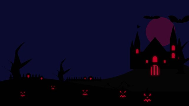 Halloween haunted castle with red glowing windows and spooky graveyard at night