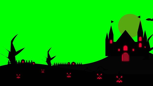 Halloween haunted castle silhouette with spooky trees and bats on green screen