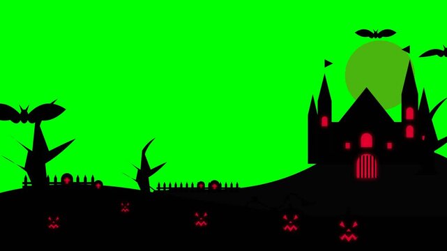 Halloween haunted castle with bats and pumpkins in a spooky night landscape
