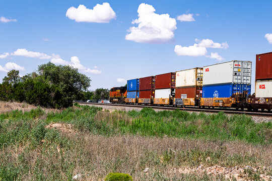 Mountainair Station 7-12-2026 Mountainair NM USAEast Bound BNSF stack train departing Mountainair New Mexico on the BNSF Clovis Sub