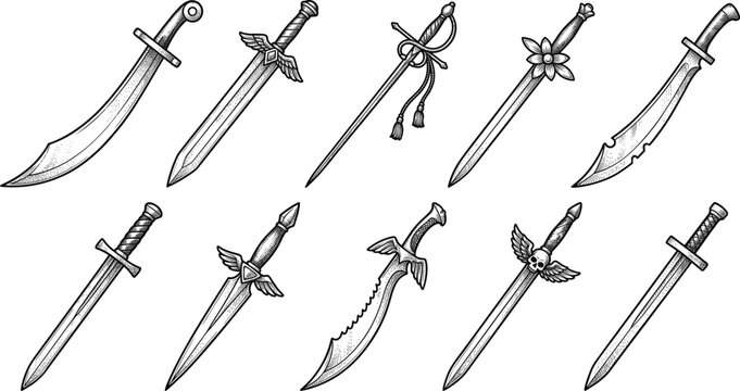 Fantasy Sword and Dagger Vector Collection with Vintage Engraved Weapon Line Art