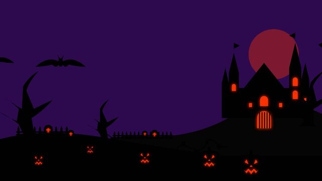 Halloween haunted castle with glowing jack o lanterns and full moon