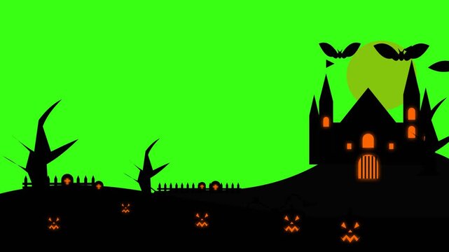 Halloween castle silhouette with spooky pumpkins and bats on green screen