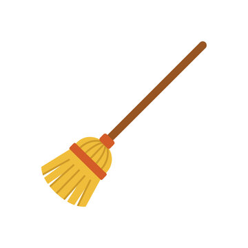 Simple cartoon broom with yellow bristles and a red handle, isolated on a white background, cleaning tool icon