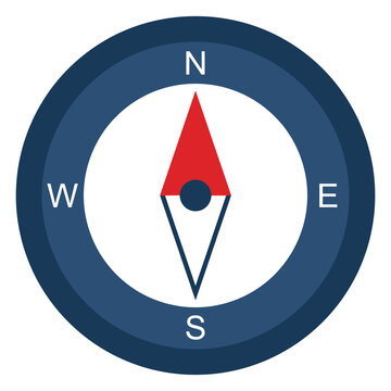 Simple compass icon with red needle pointing north, showing cardinal directions N, S, E, W, navigation tool, graphic element